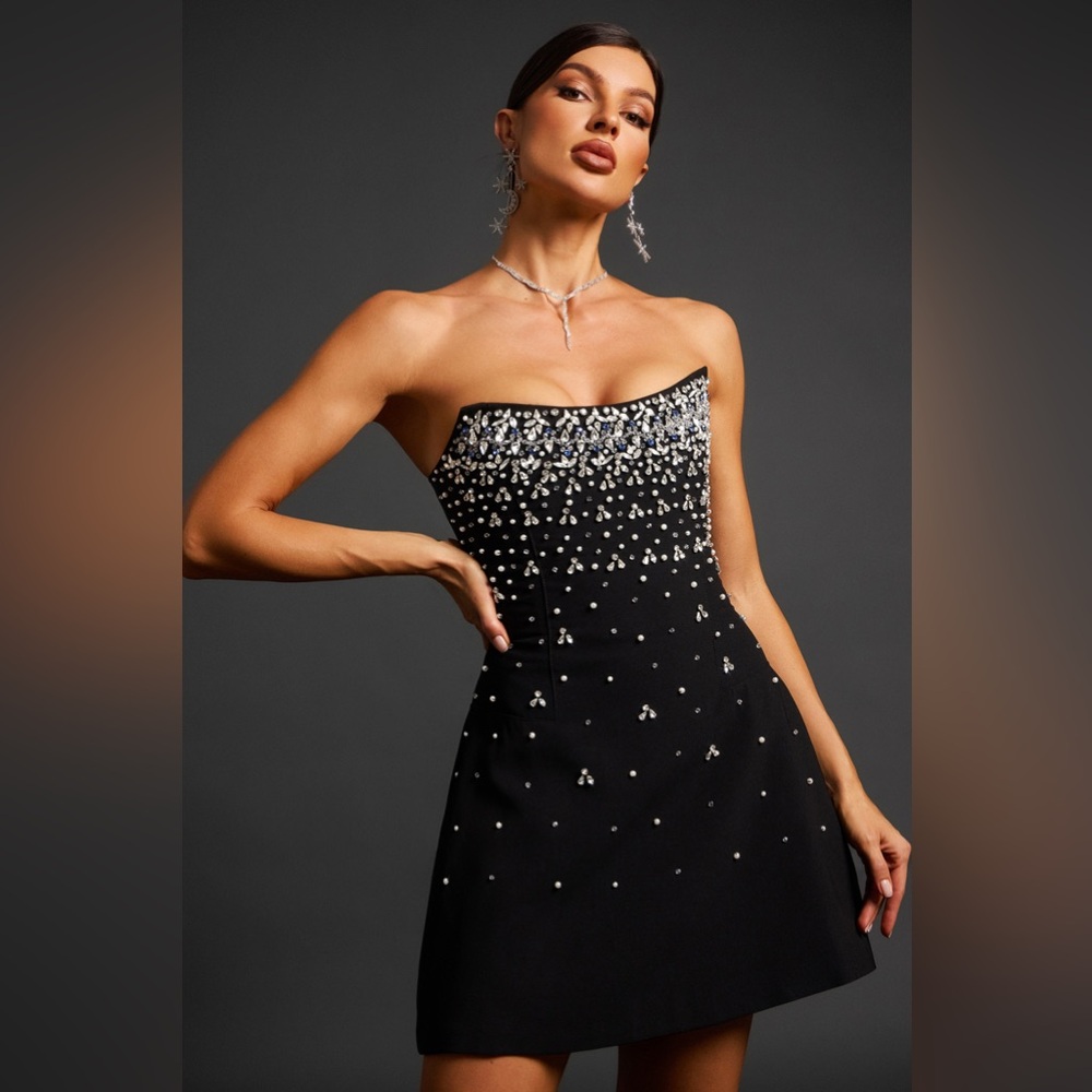 Sparkling Stardust Black Strapless Dress with Embellishments NWT